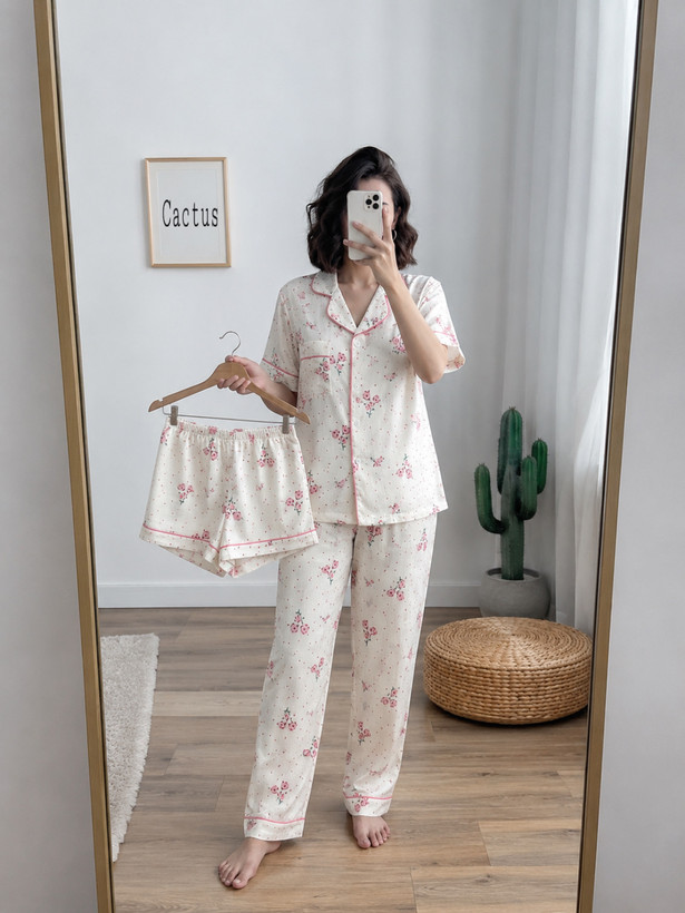 ست سه تکه گل ریز صورتی موسلین وارداتی زنانه پارچه پفکی بسیار خنک